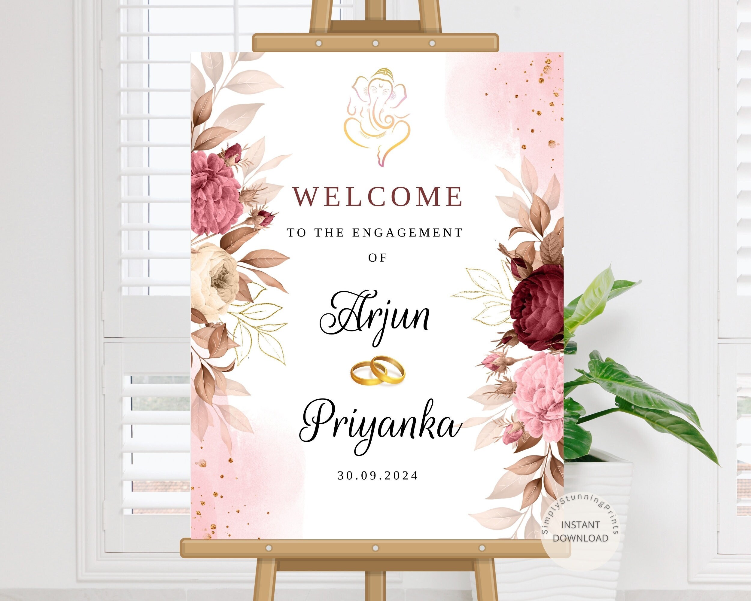Floral Engagement Welcome Sign: Maroon & Pink Decor (Digital)