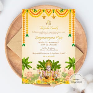 Invitación Sri Satyanarayana Pooja / Invitación editable Satyanarayan Katha / Plantilla de invitación Puja india / INVITACIÓN DIGITAL