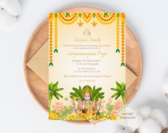 Puede incluir: Una tarjeta de invitación amarilla y verde con un diseño floral y una imagen de una deidad hindú. El texto en la tarjeta dice: "The Joshi Family feel immense pleasure in requesting your presence on the auspicious occasion of Satyanarayana Puja Sunday | 30 November | 11.00 am Onwards At Our Residence 123 Anywhere, City, Code We would lif you come for Darshan & Prasad.! Mr. & Mrs Joshi"