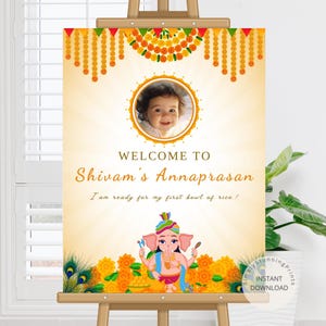 Cartello di benvenuto fotografico di Annaprasan / Cartello di benvenuto per l'alimentazione con riso / Cartello di benvenuto per lo svezzamento / Decorazione di Annaprashan / Modello modificabile, DIGITALE
