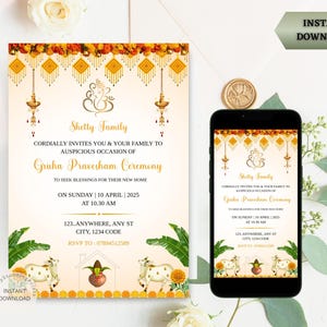 Indiase Gruha Pravesham-uitnodigingskaart | Telugu housewarmingsuitnodiging | Vaastu Pooja-uitnodigingssjabloon | Digitale mobiele uitnodiging
