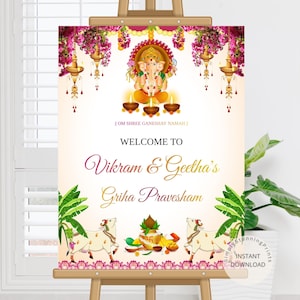 Panneau de bienvenue indien Graha Pravesh en tant que Griha Pravesham | Panneau de bienvenue traditionnel pour pendaison de crémaillère | Décoration Grah Pravesh | Poster numérique éditable