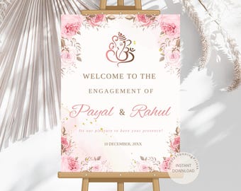 Pink Floral Indian Engagement Welcome Sign | Engagement Party Decor (Digital)