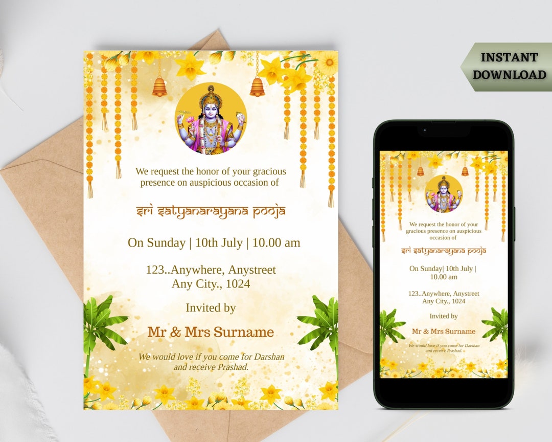 Sri satyanarayana pooja invitation template editable satyanarayan katha