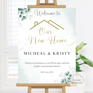 Letrero de bienvenida con vegetación para inauguración de la casa: Decoración para fiestas (Descarga digital)