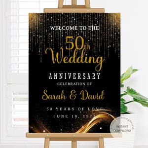 Black Gold Wedding Anniversary Welcome Sign | 50th Wedding Anniversary Sign | Anniversary Decoration Poster | Digital Download Template
