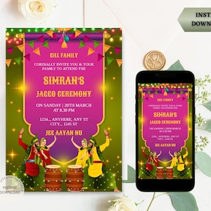 Cartão de convite para cerimônia Jaggo | Convite para noite Jaggo | Convites pré-casamento Panjabi | Convite para festa Jaggo | Convite digital eletrônico