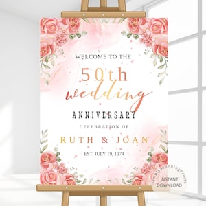 Anniversary Welcome Sign | 50th Wedding Anniversary Sign | Pink & Gold Anniversary Decoration Poster | Digital Download Editable Template