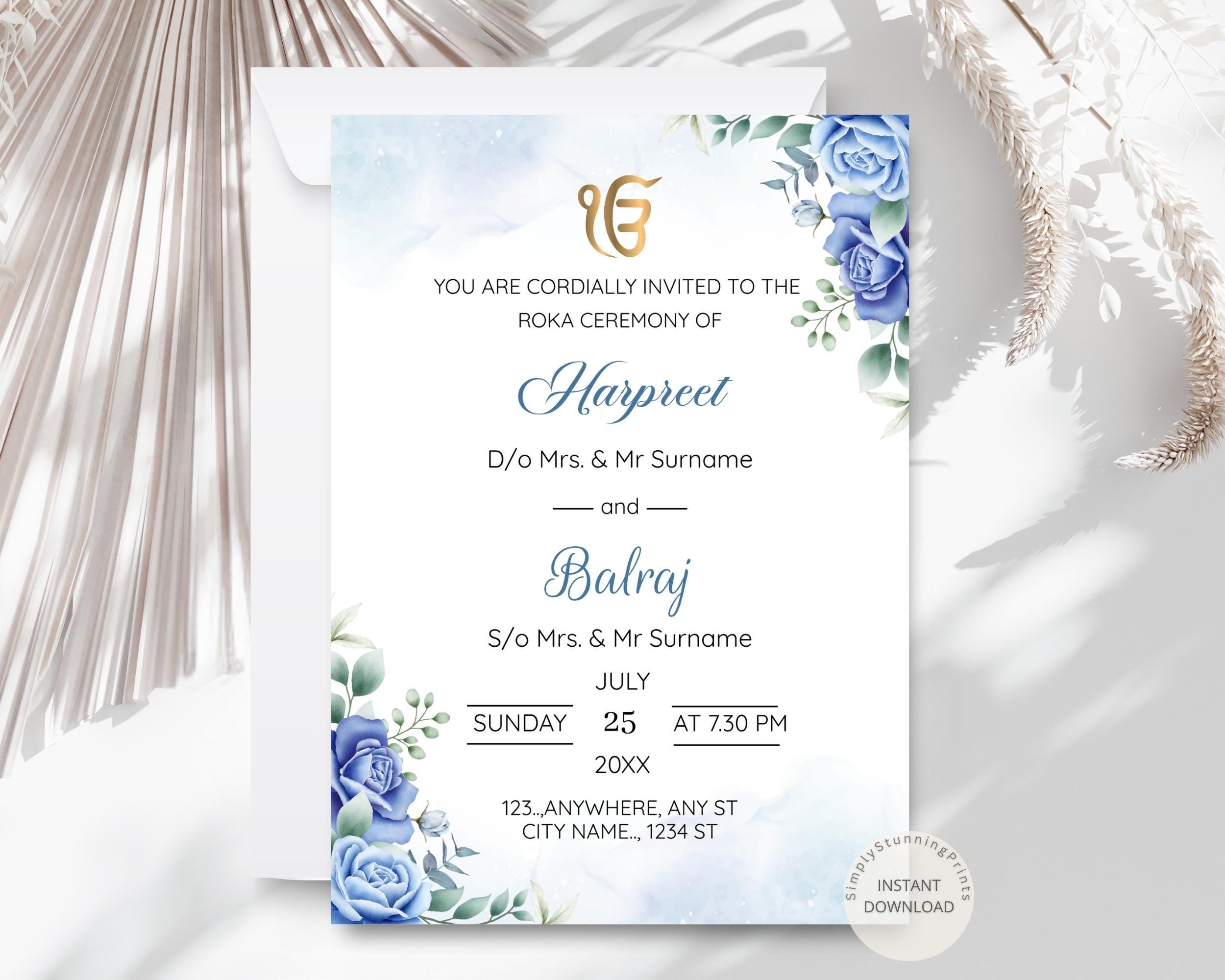 Blue Floral Roka Ceremony Invitation Card - Elegant Watercolour