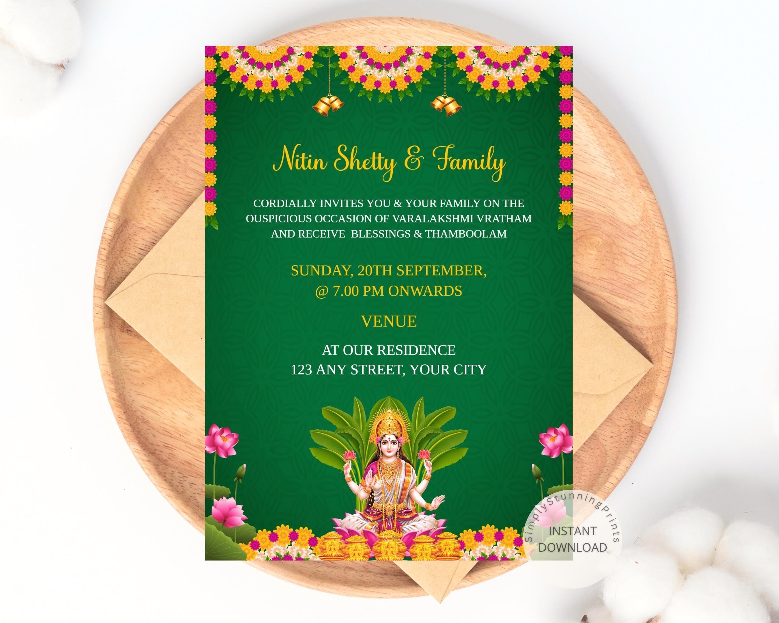 An elegant digital invitation for the South Indian Lakshmi Pooja a symbol of grace