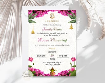 Puede incluir: Una tarjeta de invitación blanca con un diseño floral. La tarjeta presenta texto en inglés y una fuente de escritura, con flores rosas y hojas verdes. La invitación es para una inauguración de casa.