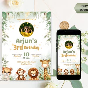 Convite de aniversário Safari na selva | Cartão de aniversário com tema Safari | Download digital editável | Cartão de primeiro aniversário Wild One