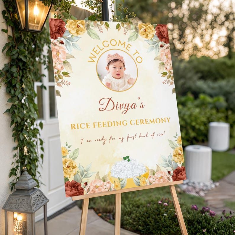 Editable Rice Feeding Ceremony Welcome Sign: Floral Design (digital ...