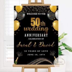 Black and Gold Wedding Anniversary Welcome Sign | 50th Wedding Anniversary Sign | Golden Anniversary Party Decor | Digital Download