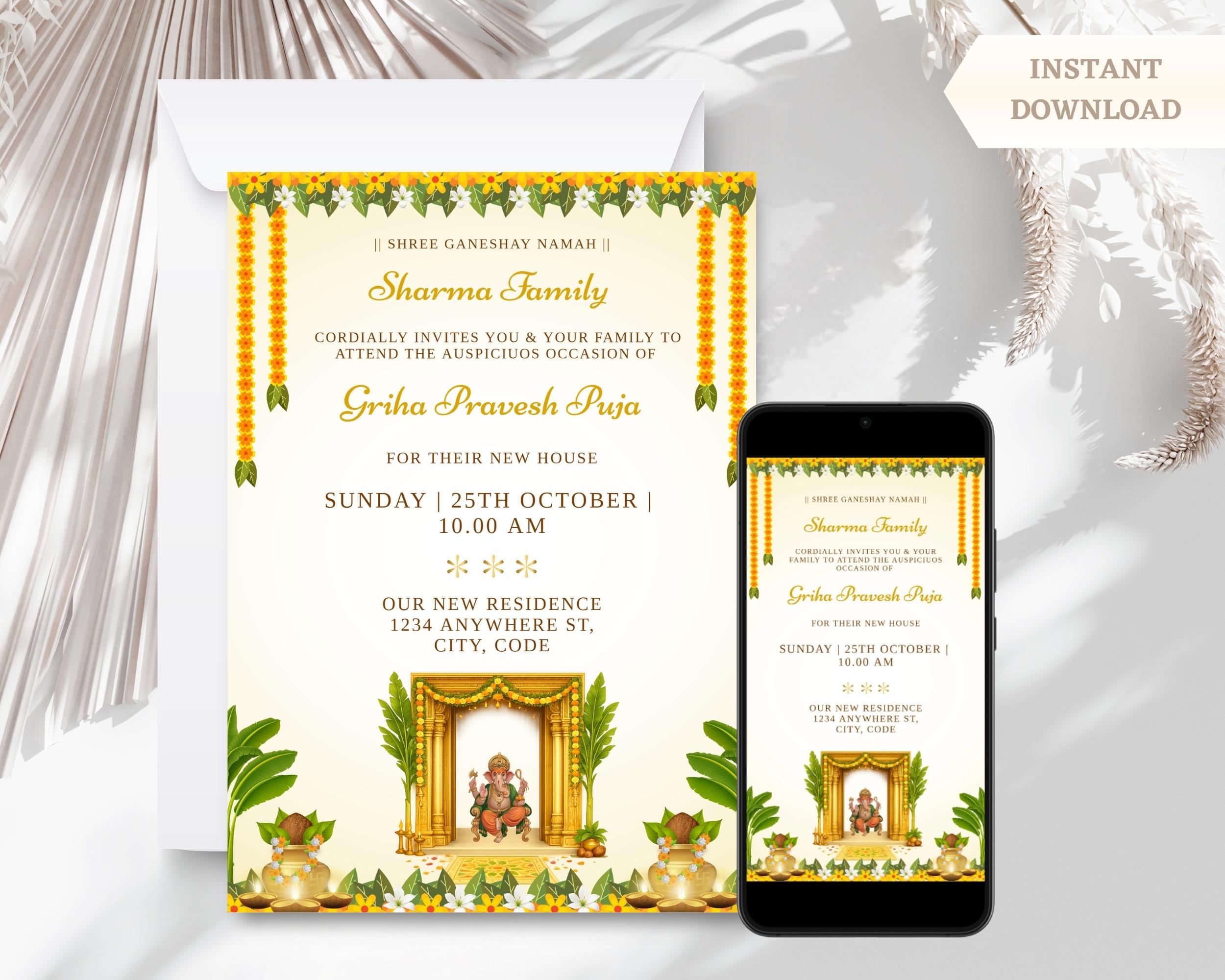 Traditional Griha Pravesh Invitation Card Template: Indian Housewarming ...