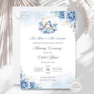 Blaue Blumen-Baby-Taufzeremonie-Einladung | Baby Namenstag einladen | Wiegenzeremonie einladen | Baby Boy Willkommen E-Einladung | DIGITALE KARTE