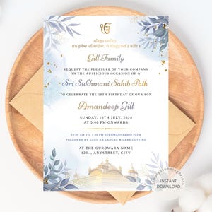 Biglietto d'invito Sri Sukhmani Sahib Path / Invito di compleanno Sikh / Invito per il primo compleanno di un bambino Sikh / Invito Akhand Paath / DOWNLOAD DIGITALE