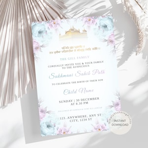 Tarjeta de invitación Sri Sukhmani Sahib Path / Invitación de nacimiento de niño sikh / 1er cumpleaños del niño sikh / Invitación de Akhand Paath / DESCARGA DIGITAL