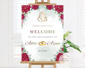 Floral Engagement Welcome Sign: Red & Green Wedding Decor (Digital)