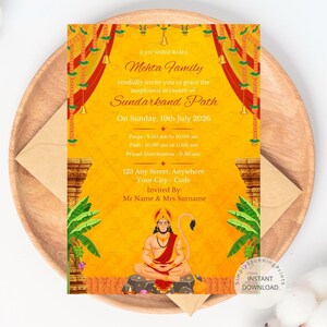May include: A bright yellow invitation card with red and gold decorative borders and text. The card announces a Sundarkand Path event on July 10th, 2026. The design includes a seated figure at the bottom, with event details.