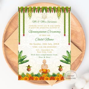 Uitnodiging Upanayanam-ceremonie als draadceremoniekaart | Janoi-ceremonie-uitnodiging | Yagnopavit-uitnodigingskaart | DIGITALE DOWNLOAD