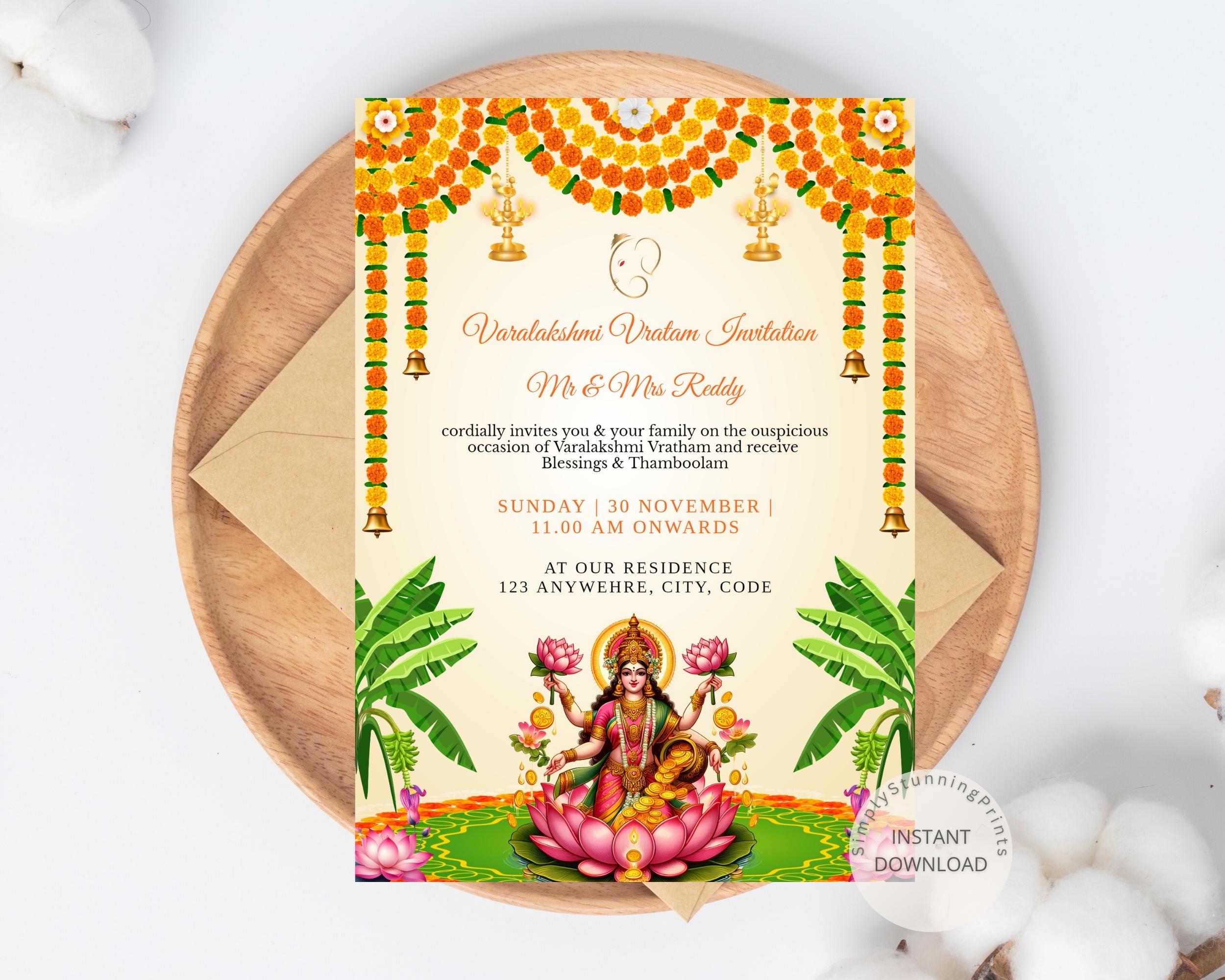 Varamahalakshmi Vratham Invitation Card | Shree Laxmi Pooja Digital Invitation | Editable Lakshmi Puja Invite |Electronic Digital Invite