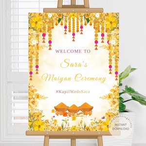 Letrero de bienvenida a la ceremonia de Maiyan como letrero de Pithi / Letrero de decoración de Haldi / Póster de la noche de Haldi / Letrero de bienvenida a Mayoon / DESCARGA DIGITAL