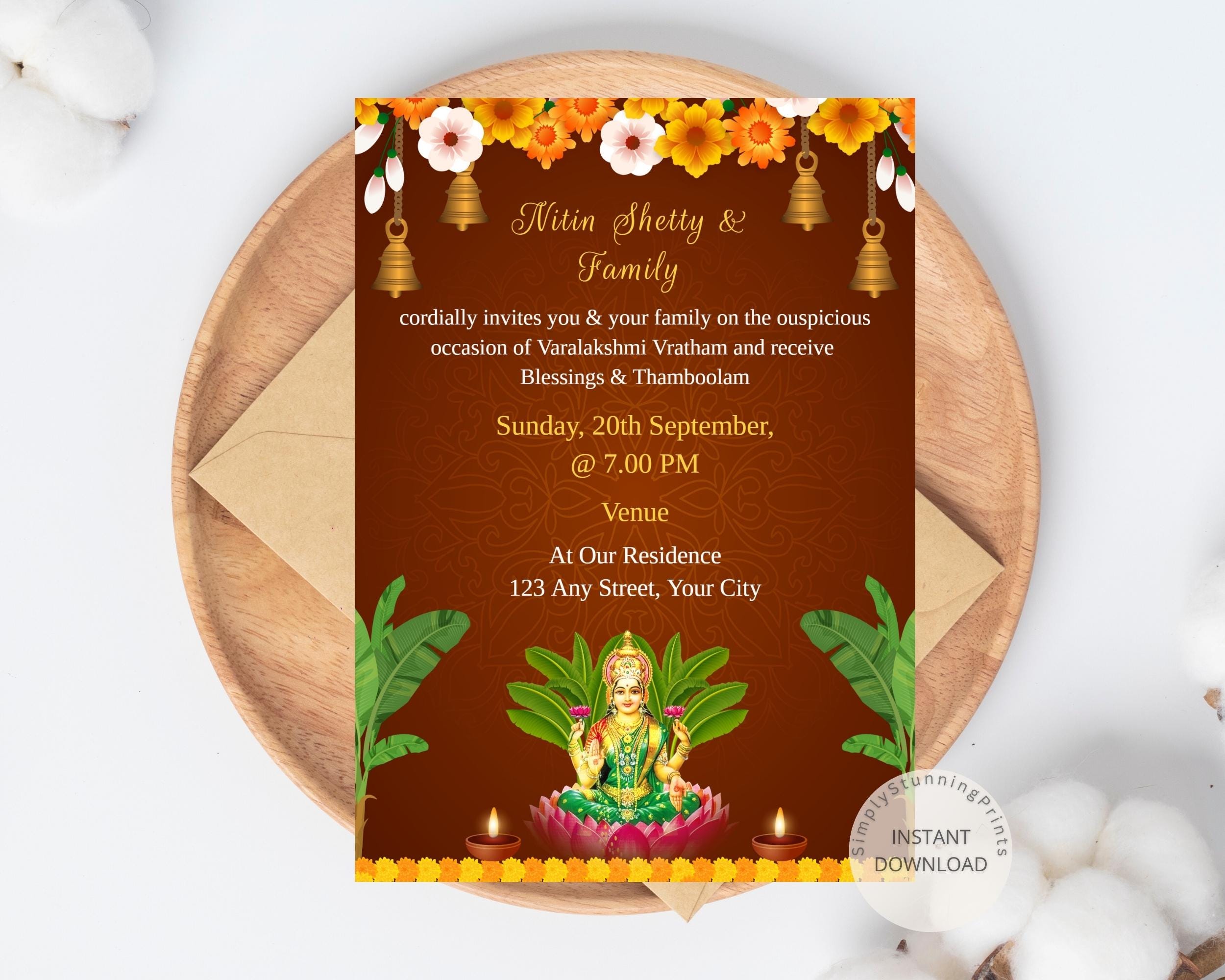 Varalakshmi Vratham Invitation: Shree Laxmi Pooja, Editable Digital Invite