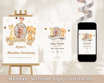 Combo Set of Mundan Welcome Sign & Invitation | Mundan Ceremony Invite |  | Tonsure Ceremony Invite | Mundan Welcome SIgn | Digital Download