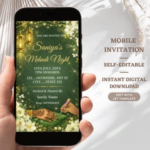 Puede incluir: Una invitación móvil para la Noche Mehndi de Saniya, con un diseño verde y dorado, acentos florales y linternas. La invitación incluye detalles del evento y el texto "Mobile Invitation, Self-Editable, Instant Digital Download."