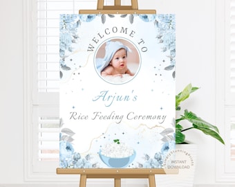 Reisfütterungszeremonie Willkommensschild: Pasni Ceremony Decor, Blau Floral (Digitaler Download)