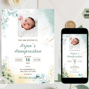 Biglietto d'invito Annaprashan / Invito per l'alimentazione del riso verde semplice / Invito per la cerimonia dello svezzamento / Invito Pasni / Invito digitale modificabile