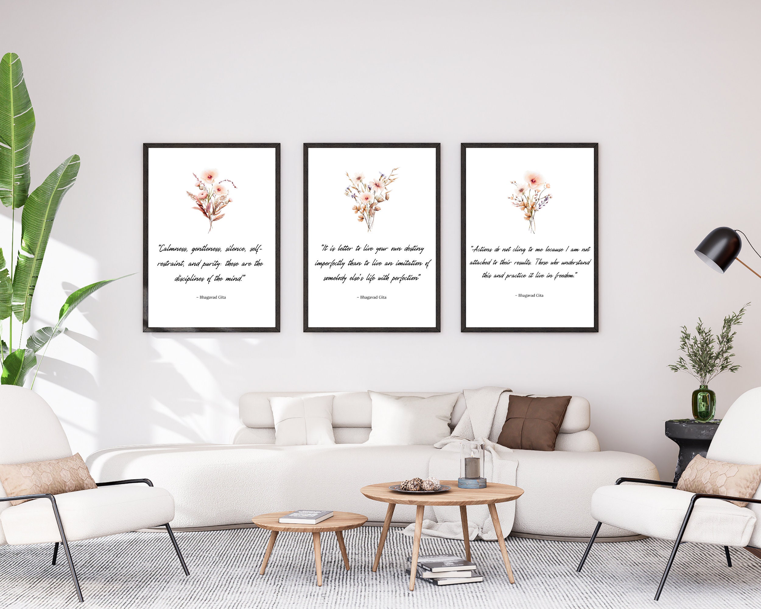 Set of 3 Bhagavad Gita Quote Prints | Inspirational Quotes Printable With Flowers | Yoga Studio Decor | Krishna Quotes