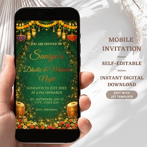 Puede incluir: Una invitación digital en un teléfono inteligente. La invitación tiene un esquema de color verde y dorado con el texto "Saniya's Dholki & Mehndi Night". Incluye detalles del evento y el texto "Mobile Invitation, Self-Editable, Instant Digital Download."