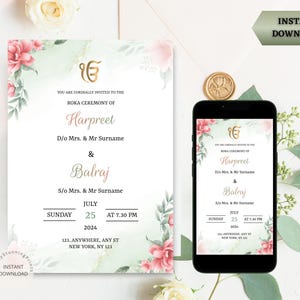 Cartão de convite para cerimônia Sikh Roka | Convite de noivado editável | Convite de noivado floral | Cartão de noivado Panjabi | CARTÃO DIGITAL