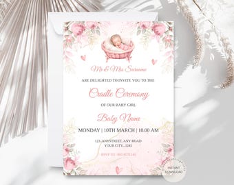 Invito per la cerimonia della culla con fiori rosa: biglietto d'invito per il battesimo della bambina (download digitale 5x7")