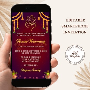 Telefoonuitnodiging Indiase housewarming | Digitale uitnodiging Griha Pravesh | Bewerkbare e-mailuitnodiging voor WhatsApp | Vastu Puja-uitnodiging | Direct downloaden