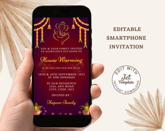 Indian Griha Pravesh Invitation: Ganesh Puja, Housewarming (Digital Smartphone Invite)