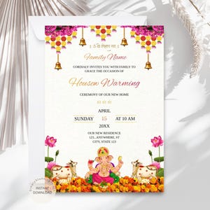 Karta zaproszenia na parapetówkę w Indiach | Cyfrowe zaproszenie Griha Pravesh | Szablon zaproszenia na Vaastu Pooja | Edytowalne natychmiastowe pobranie