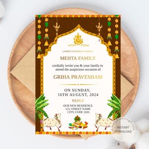 Cartão do convite de Griha Pravesam do indiano de <br> Entrega Rápida? O partido da inauguração convida | Modelo de convite de Vaastu Pooja | Convite Eletrônico Digital