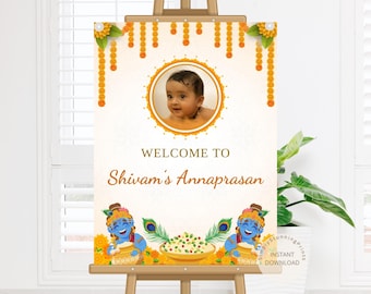 Traditional Marigold Little Krishna Annaprashan Welcome Sign: Baby Rice Ceremony (Digital Download)