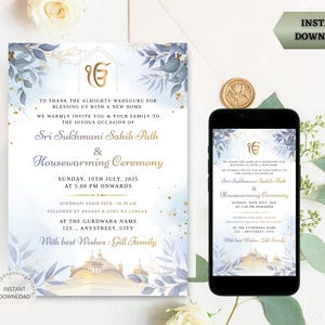 Cartão de convite para inauguração da casa Sikh | Cartão de convite para o caminho Sukhmani Sahib | Modelo de convite para o caminho Akhand | Download digital