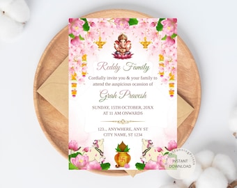 Indian Griha Pravesam Invitation: Pink Floral Housewarming (Digital Invitation)