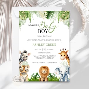 Invito per baby shower a tema "Safari nella giungla" per neonato / Invito modificabile con animali del safari / Biglietto con tema "Animali della giungla verde" / Download digitale stampabile