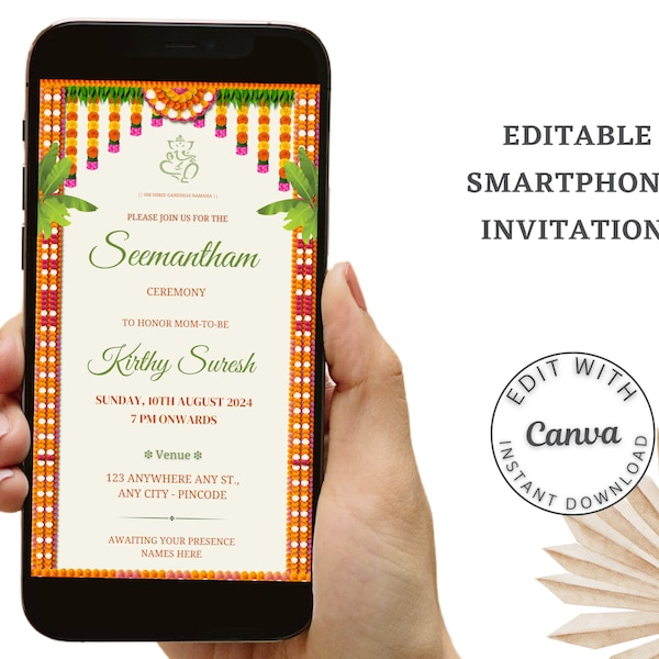 Seemantham Invitation Card | Indian Baby Shower Invitation Template | Godh Bharai Invitation |  | Electronic Digital Mobile Invite