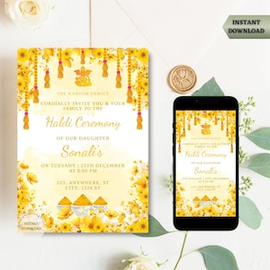 Tarjeta de invitación a la ceremonia india Haldi / Invitación a la ceremonia Pithi / Invitación Maiyan / Invitación electrónica a la noche Haldi / DESCARGA DIGITAL
