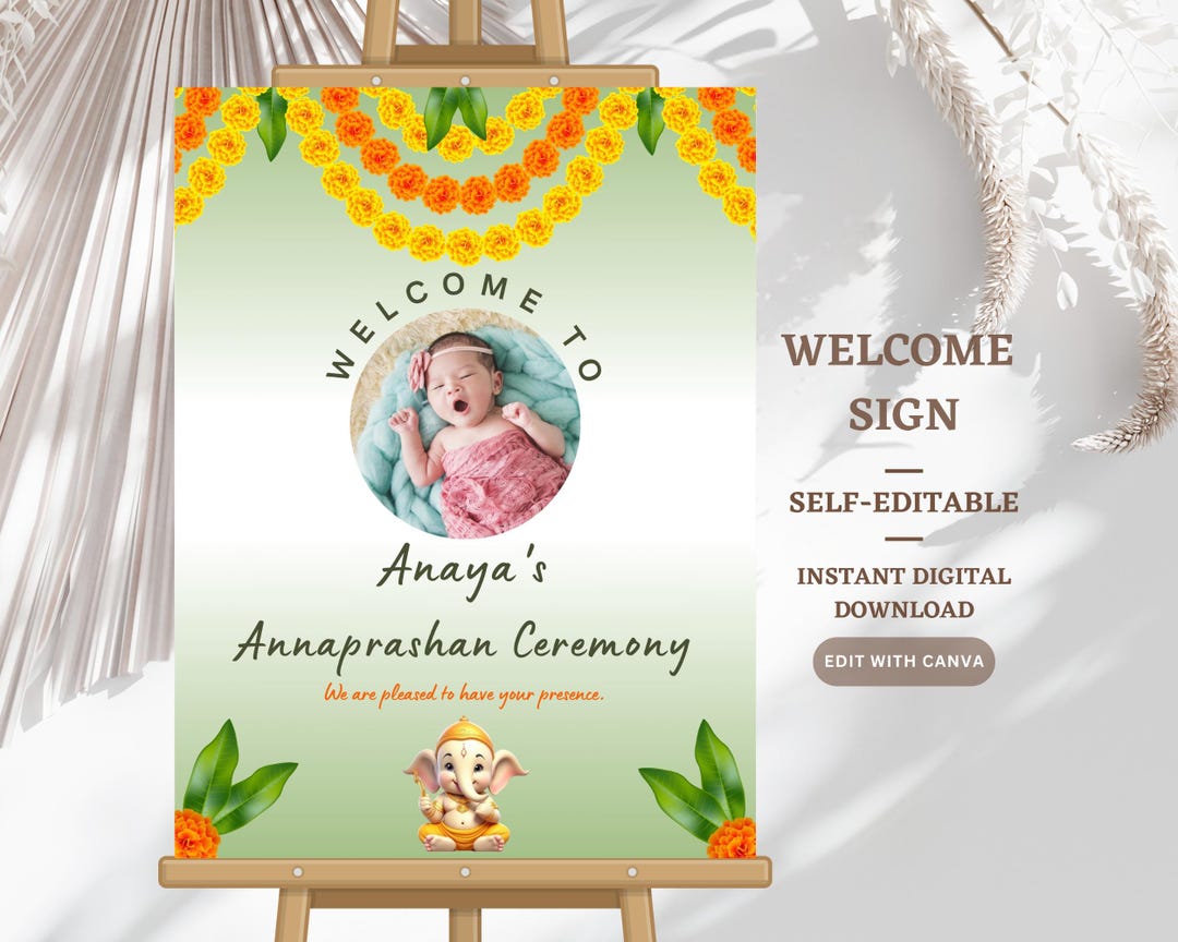 Yellow Rice Ritual Poster Editable Annaprasana Welcome Sign: Rice Ceremony Decoration (digital ...