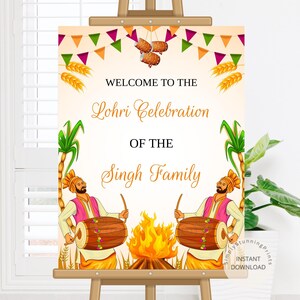 May include: A welcome sign for a Lohri celebration of the Singh family. The sign features a colorful illustration of two people playing drums, a bonfire, and traditional decorations.