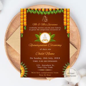 d'invitation Upanayanam comme fil de cérémonie | Invitation à la cérémonie de Janoi | Invitation Yoganupavit | Faire-part de cérémonie | TÉLÉCHARGEMENT NUMÉRIQUE