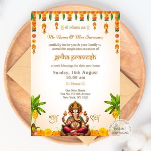 Indiase Griha Pravesh-uitnodigingskaart | Uitnodigingskaart housewarming | Vastu Pooja-uitnodigingssjabloon | Elektronische digitale uitnodiging